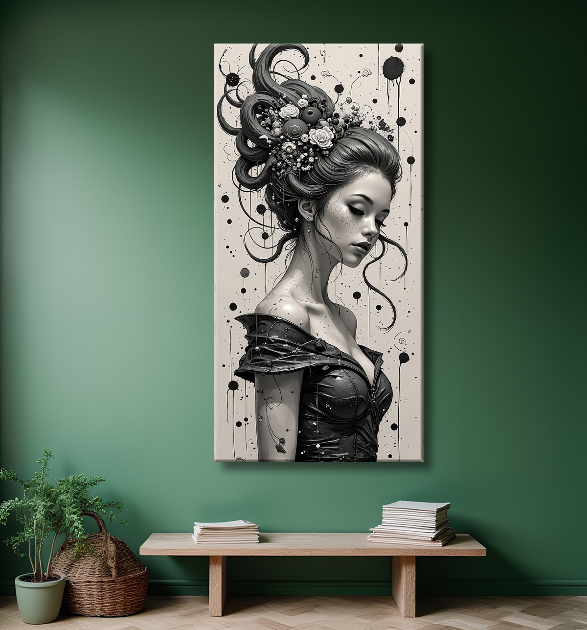 Tableau portrait féminin fantastique noir et blanc style gothique japonais avec decor