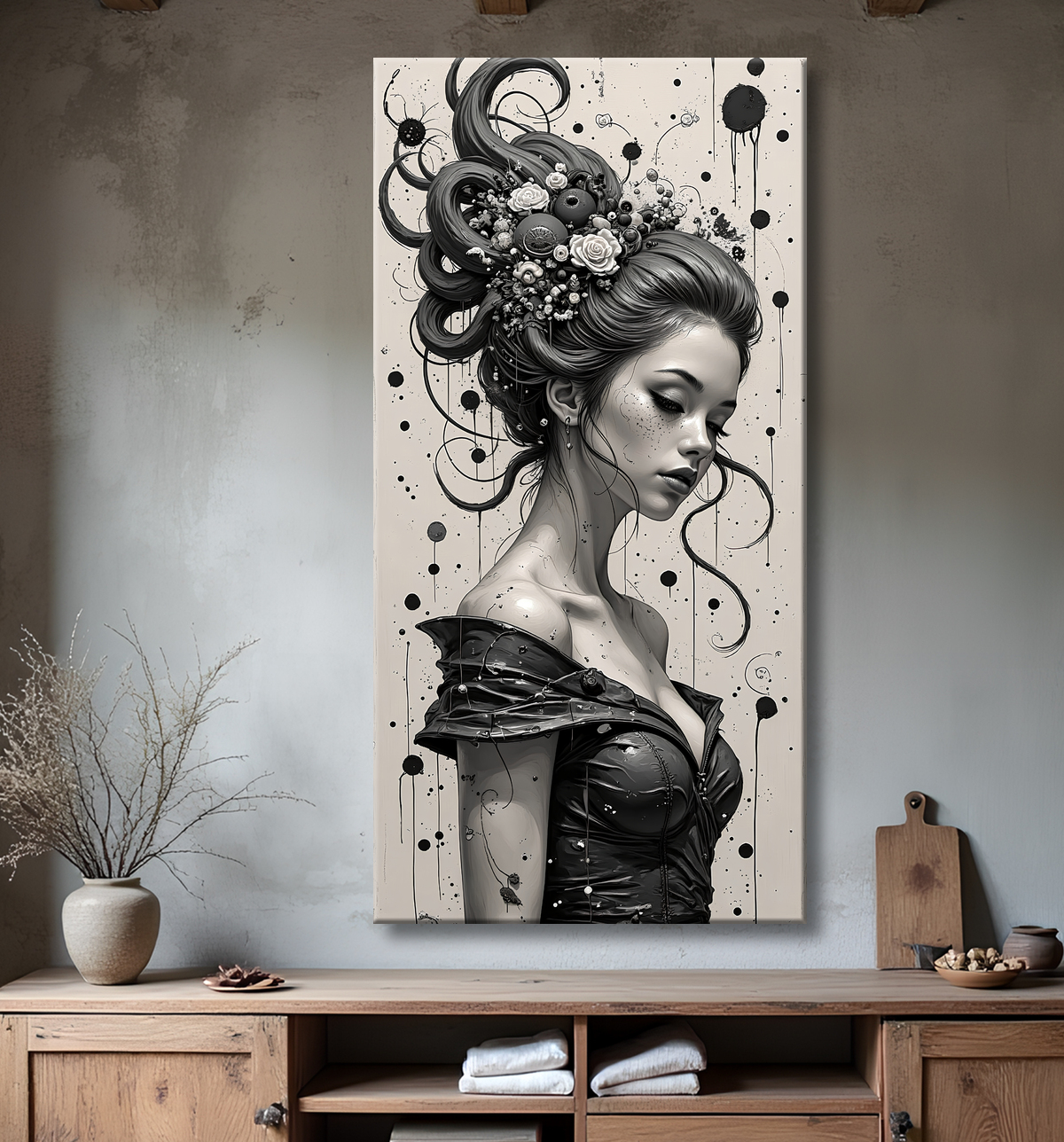 Tableau portrait féminin fantastique noir et blanc style gothique japonais avec decor