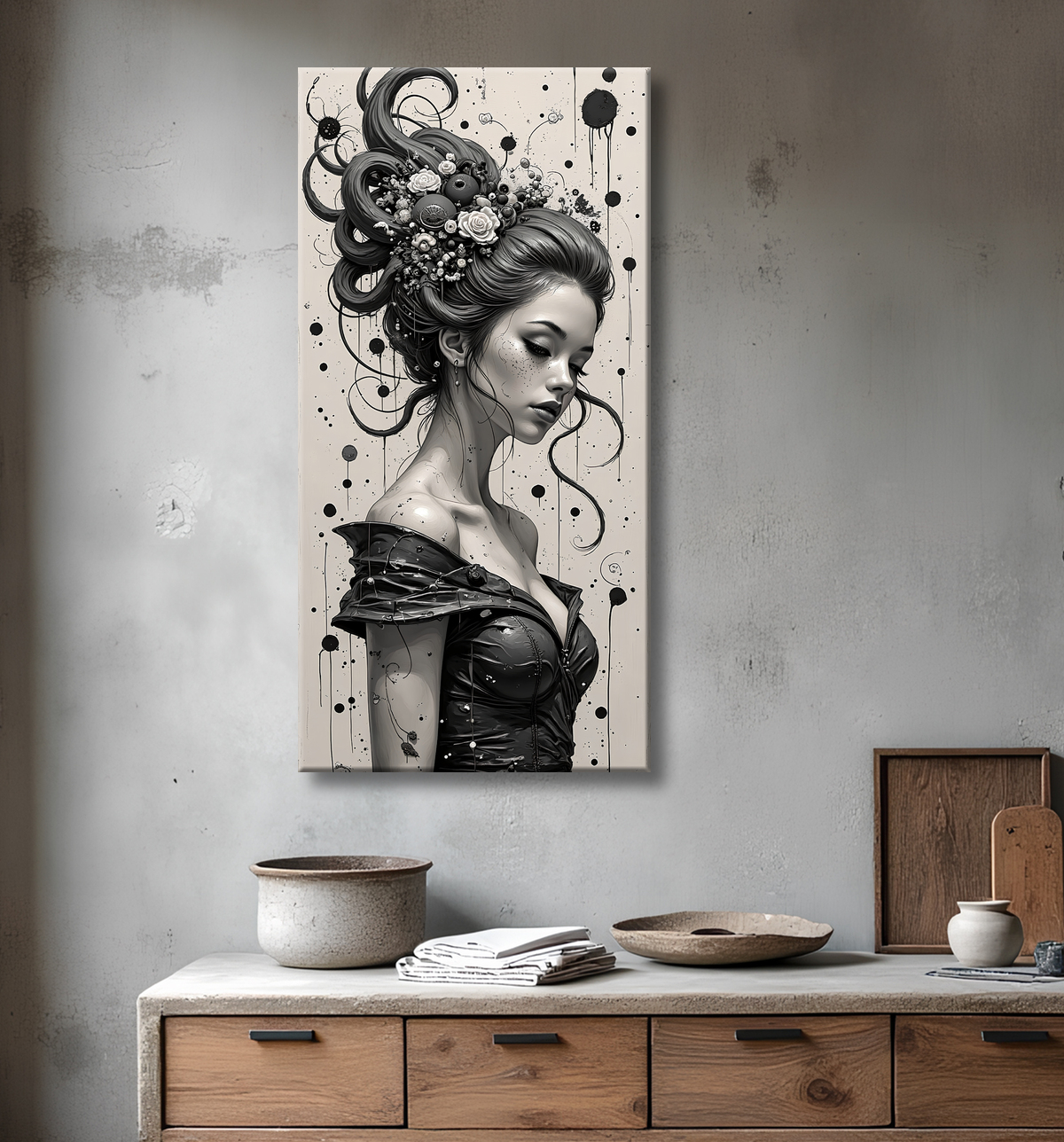 Tableau portrait féminin fantastique noir et blanc style gothique japonais avec decor