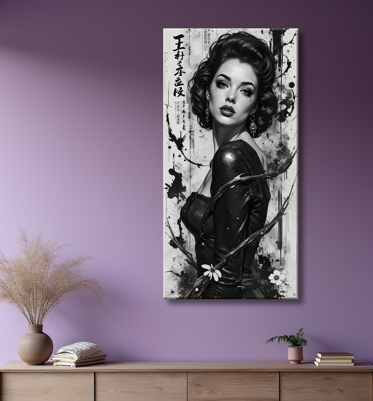 Tableau portrait féminin fantastique noir et blanc style gothique japonais avec decor