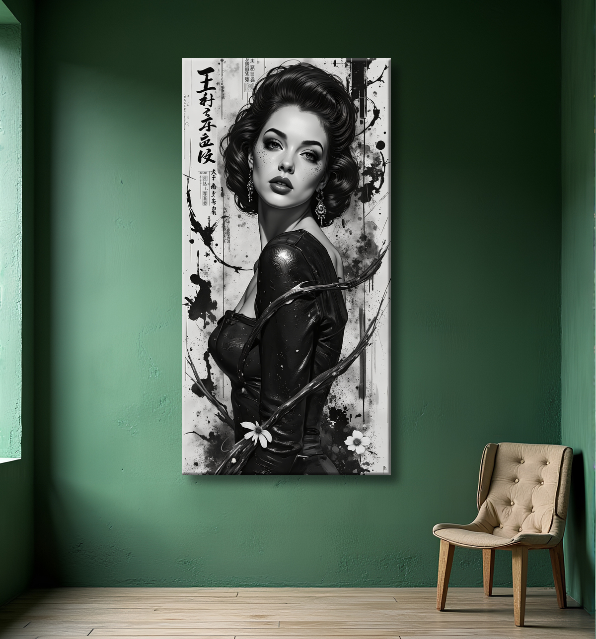 Tableau portrait féminin fantastique noir et blanc style gothique japonais avec decor