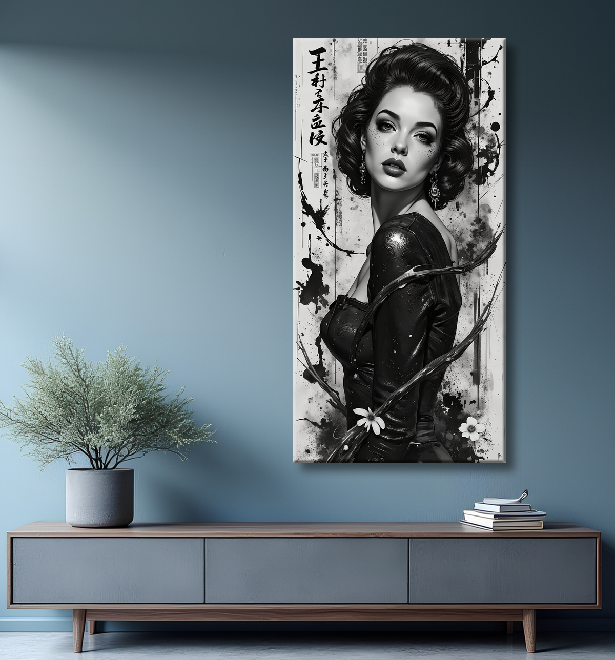 Tableau portrait féminin fantastique noir et blanc style gothique japonais avec decor