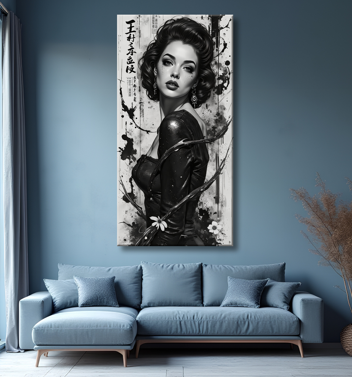 Tableau portrait féminin fantastique noir et blanc style gothique japonais avec decor