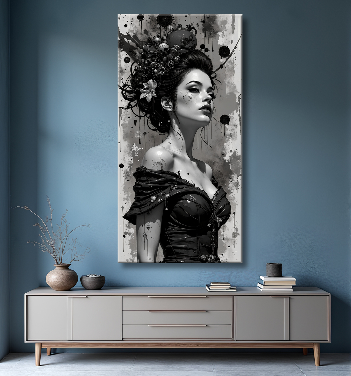 Tableau portrait féminin fantastique noir et blanc style gothique japonais avec decor