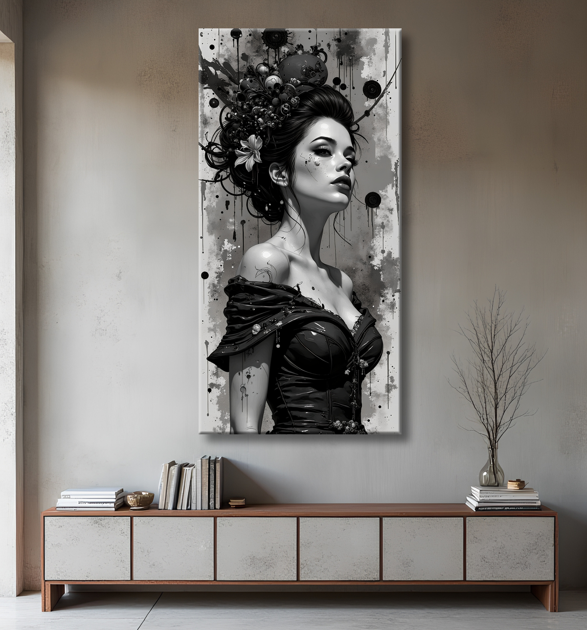 Tableau portrait féminin fantastique noir et blanc style gothique japonais avec decor