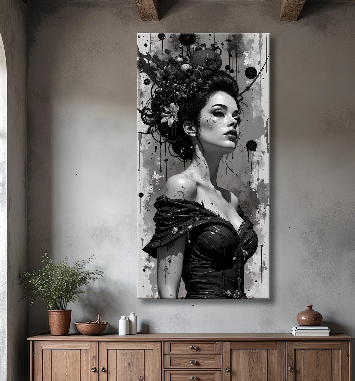 Tableau portrait féminin fantastique noir et blanc style gothique japonais avec decor