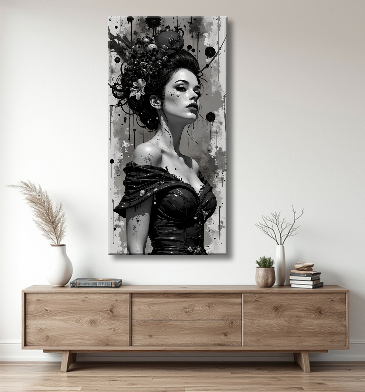 Tableau portrait féminin fantastique noir et blanc style gothique japonais avec decor