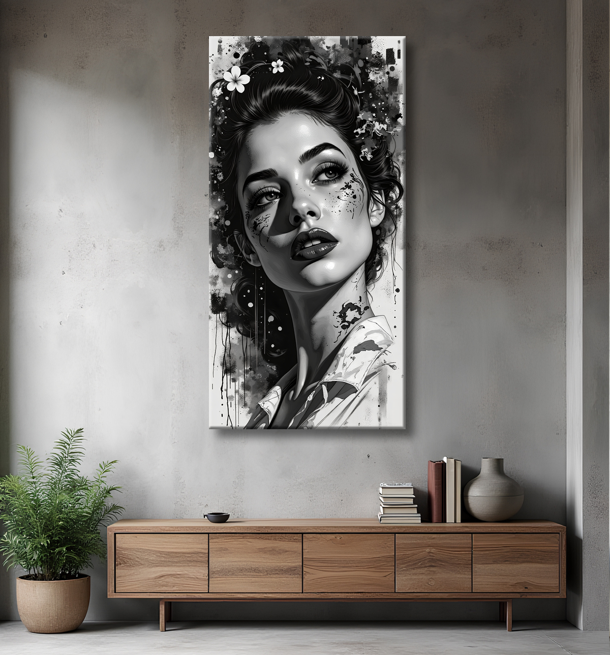 Tableau portrait féminin fantastique noir et blanc style gothique japonais avec decor
