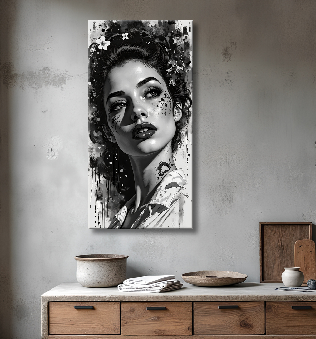 Tableau portrait féminin fantastique noir et blanc style gothique japonais avec decor
