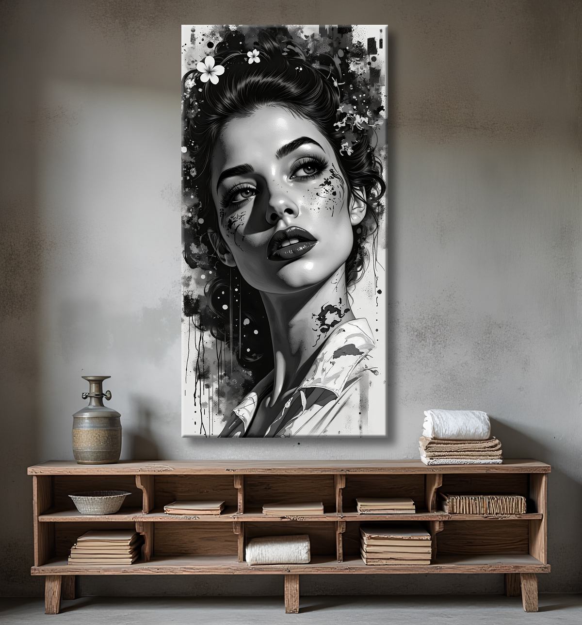 Tableau portrait féminin fantastique noir et blanc style gothique japonais avec decor