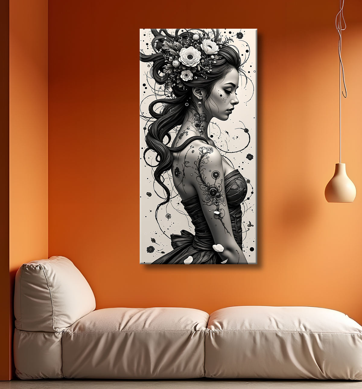 Tableau portrait féminin fantastique noir et blanc style gothique japonais avec decor