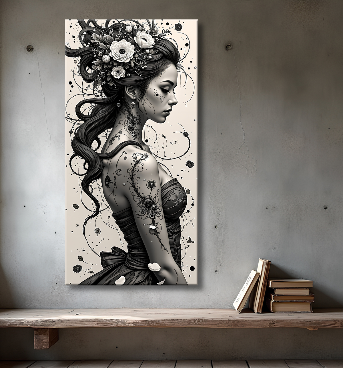 Tableau portrait féminin fantastique noir et blanc style gothique japonais avec decor