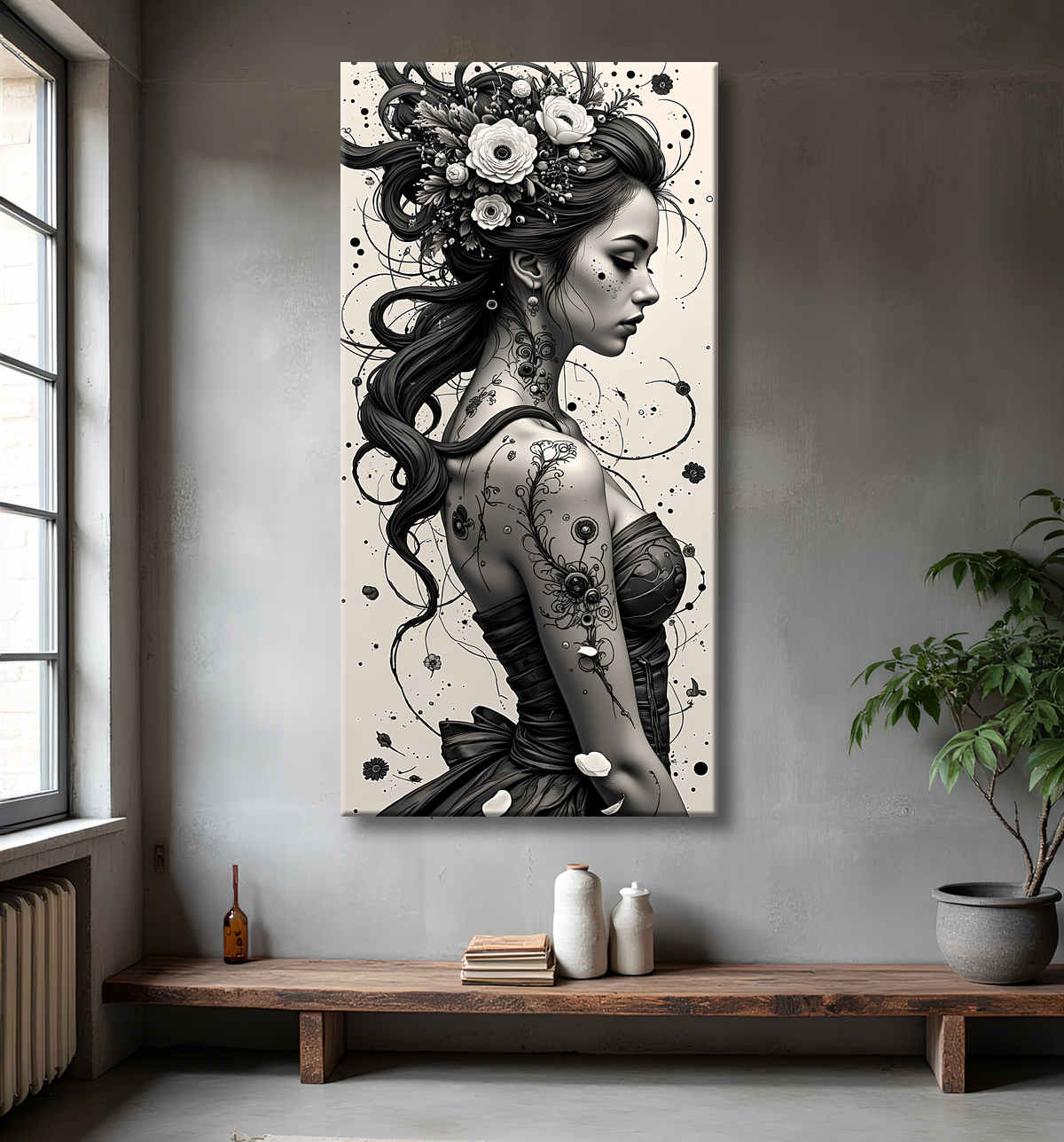 Tableau portrait féminin fantastique noir et blanc style gothique japonais avec decor