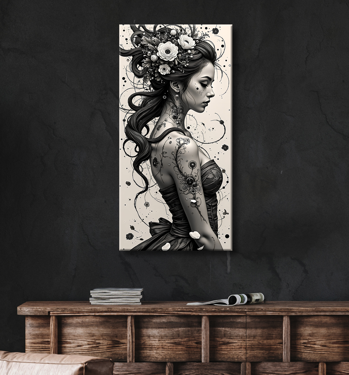 Tableau portrait féminin fantastique noir et blanc style gothique japonais avec decor