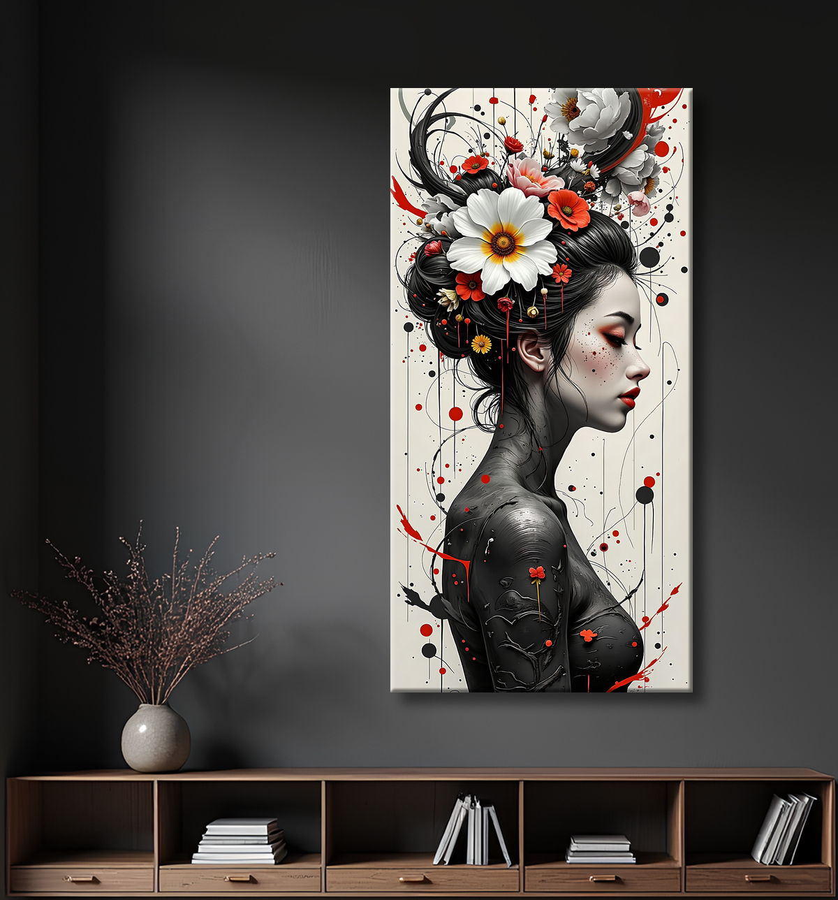 Tableau portrait féminin fantastique gothique inspiration japonaise avec decor