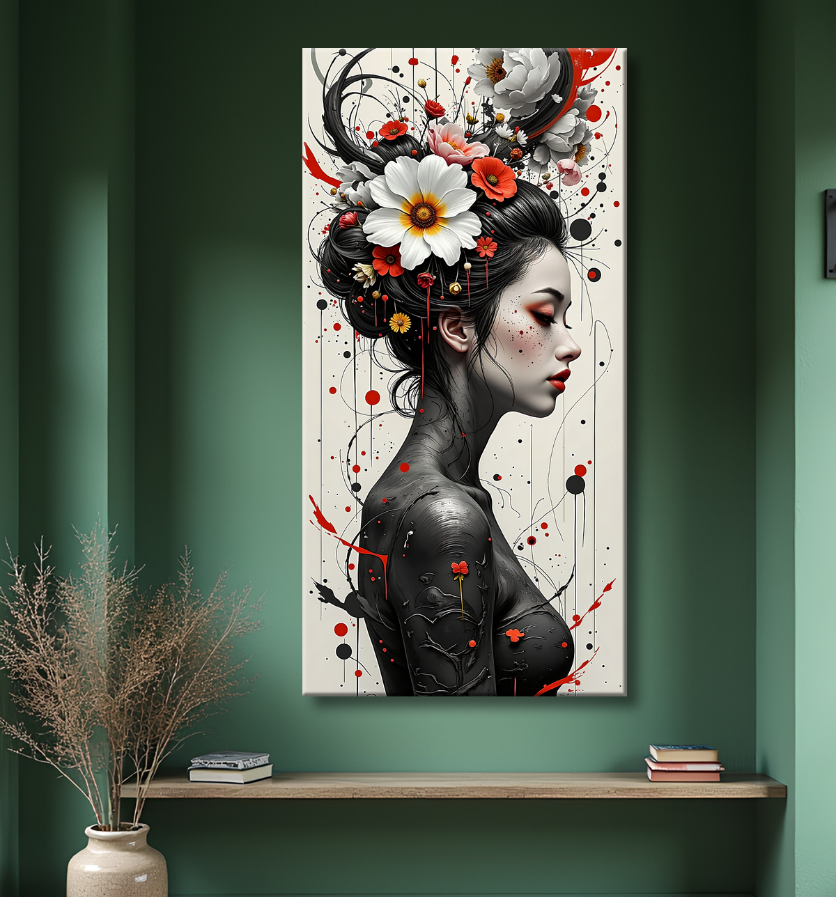 Tableau portrait féminin fantastique gothique inspiration japonaise avec decor