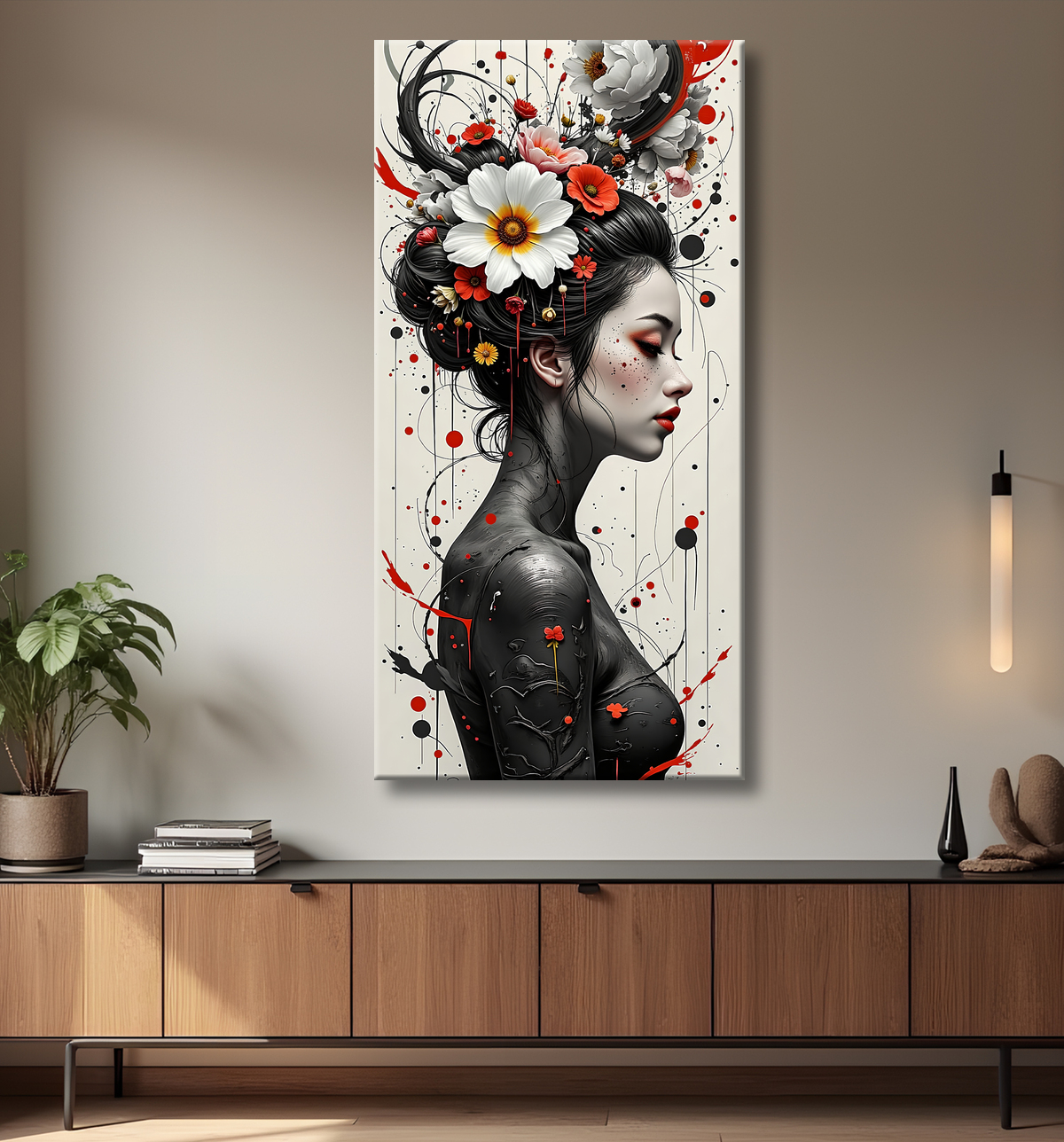 Tableau portrait féminin fantastique gothique inspiration japonaise avec decor