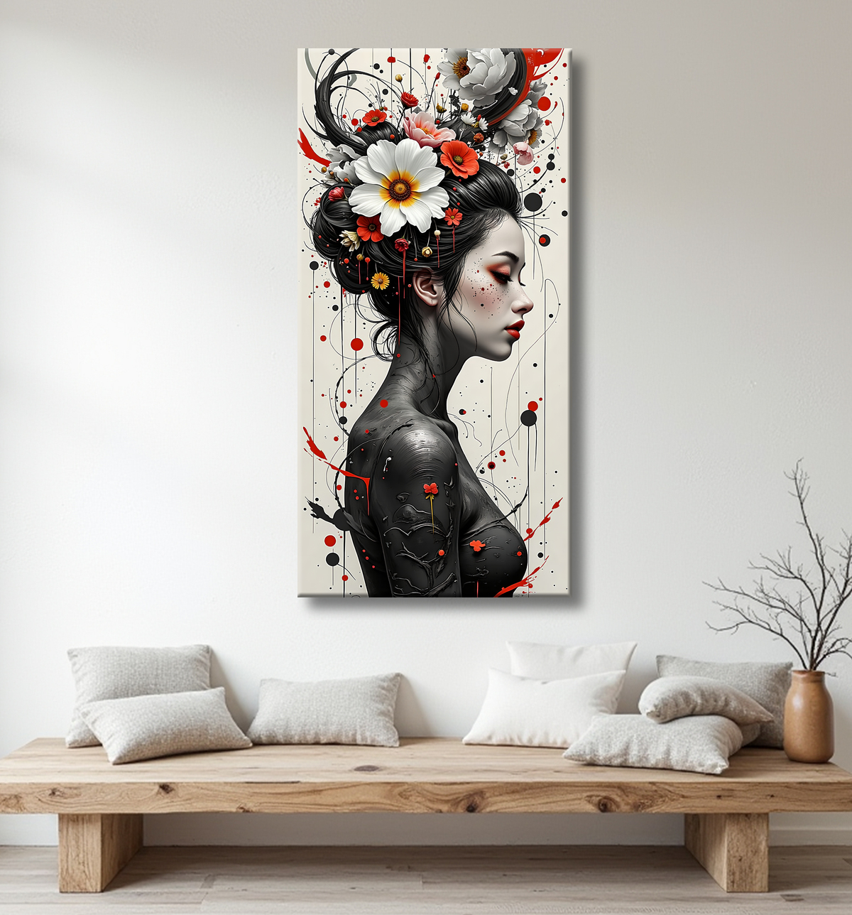 Tableau portrait féminin fantastique gothique inspiration japonaise avec decor