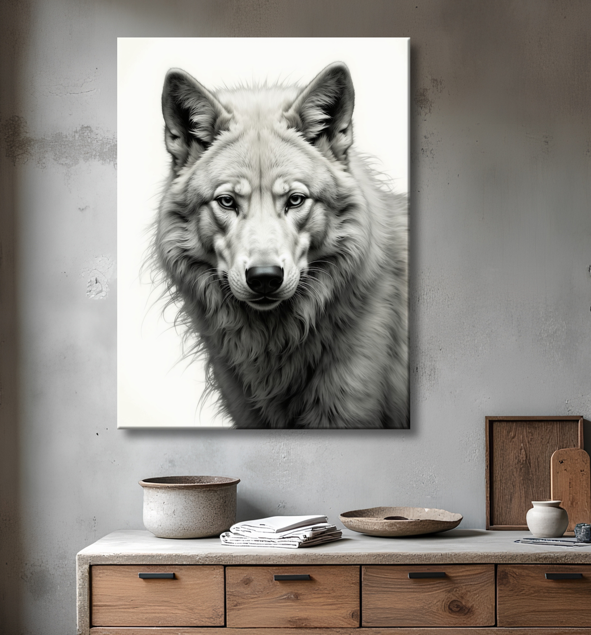 Tableau loup sur fond clair - Portrait photo artistique avec decor