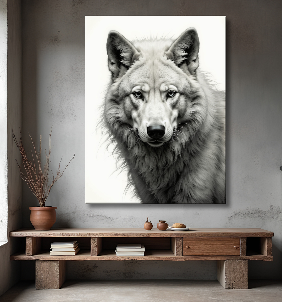 Tableau loup sur fond clair - Portrait photo artistique avec decor