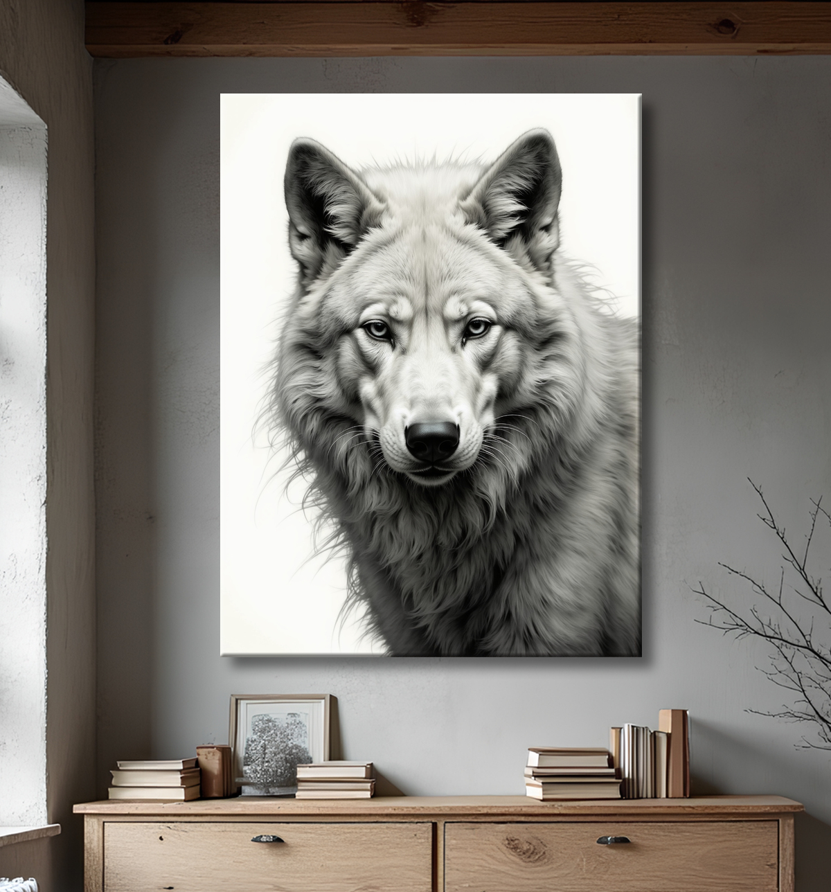 Tableau loup sur fond clair - Portrait photo artistique avec decor