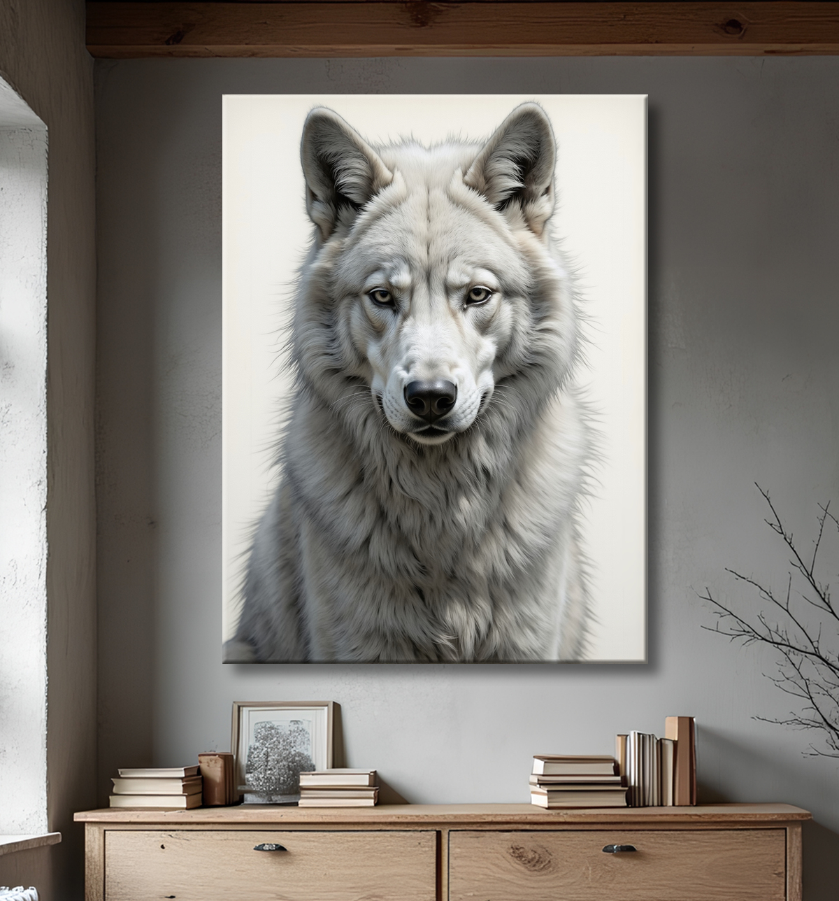 Tableau loup sur fond clair - Portrait photo artistique avec decor
