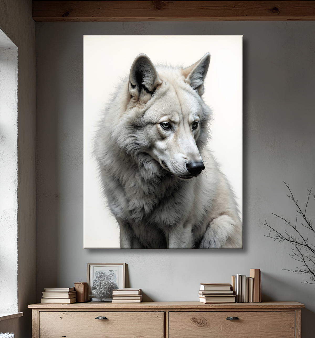 Tableau loup sur fond clair - Portrait photo artistique avec decor