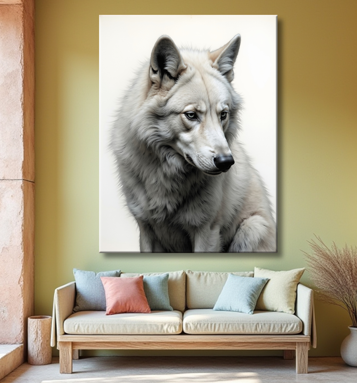 Tableau loup sur fond clair - Portrait photo artistique avec decor