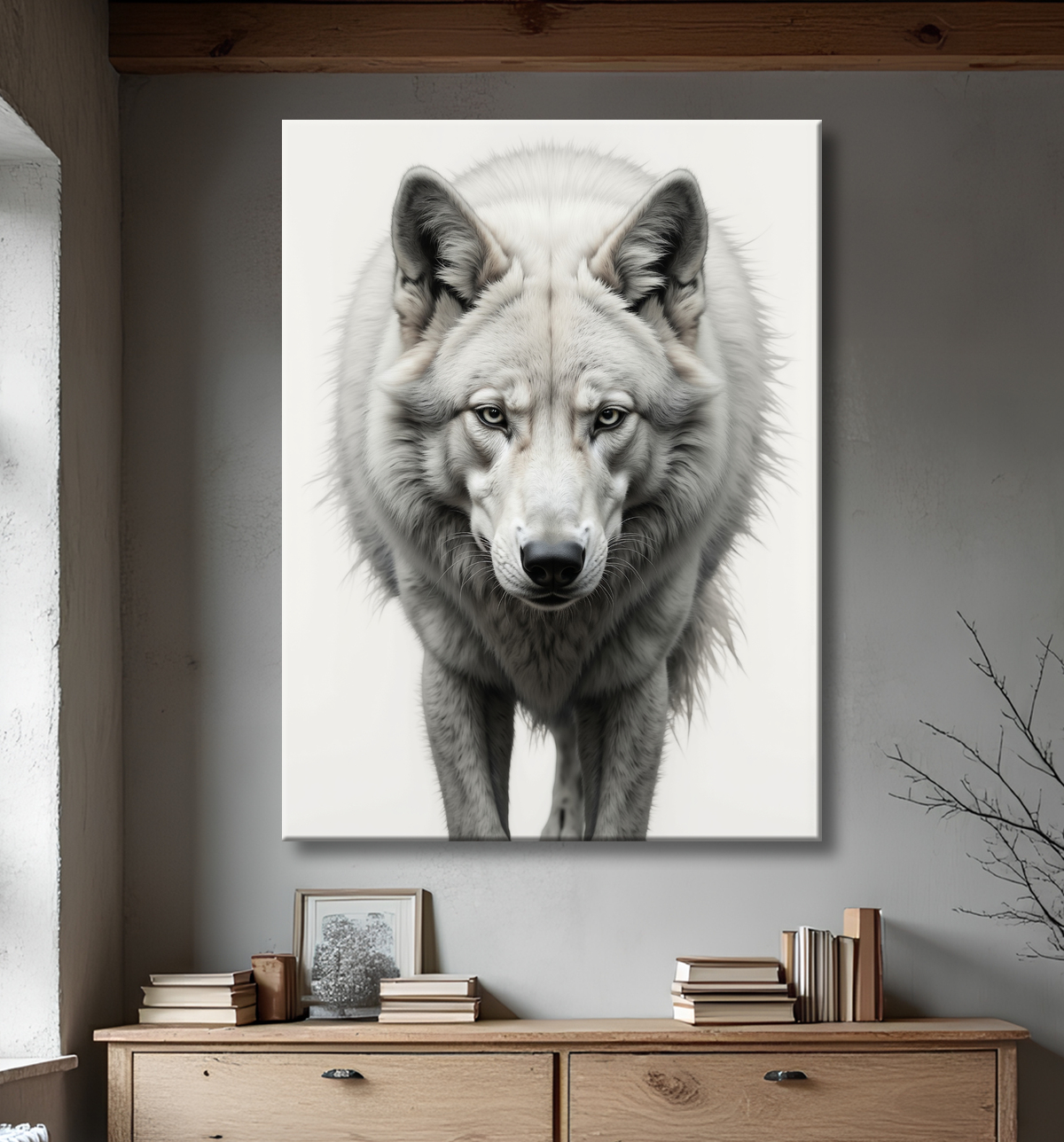 Tableau loup sur fond clair - Portrait photo artistique avec decor
