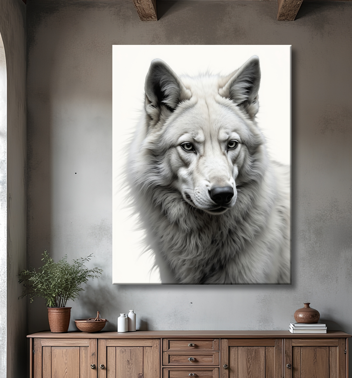 Tableau loup sur fond clair - Portrait photo artistique avec decor