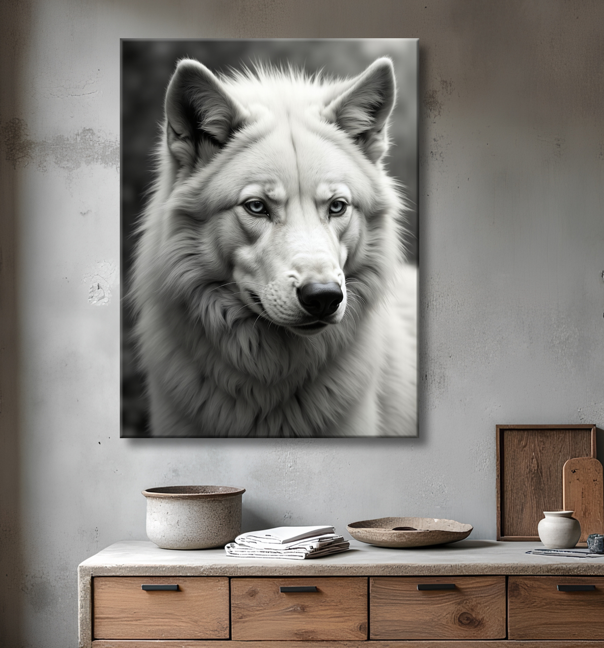 Tableau loup sur fond clair - Portrait photo artistique avec decor