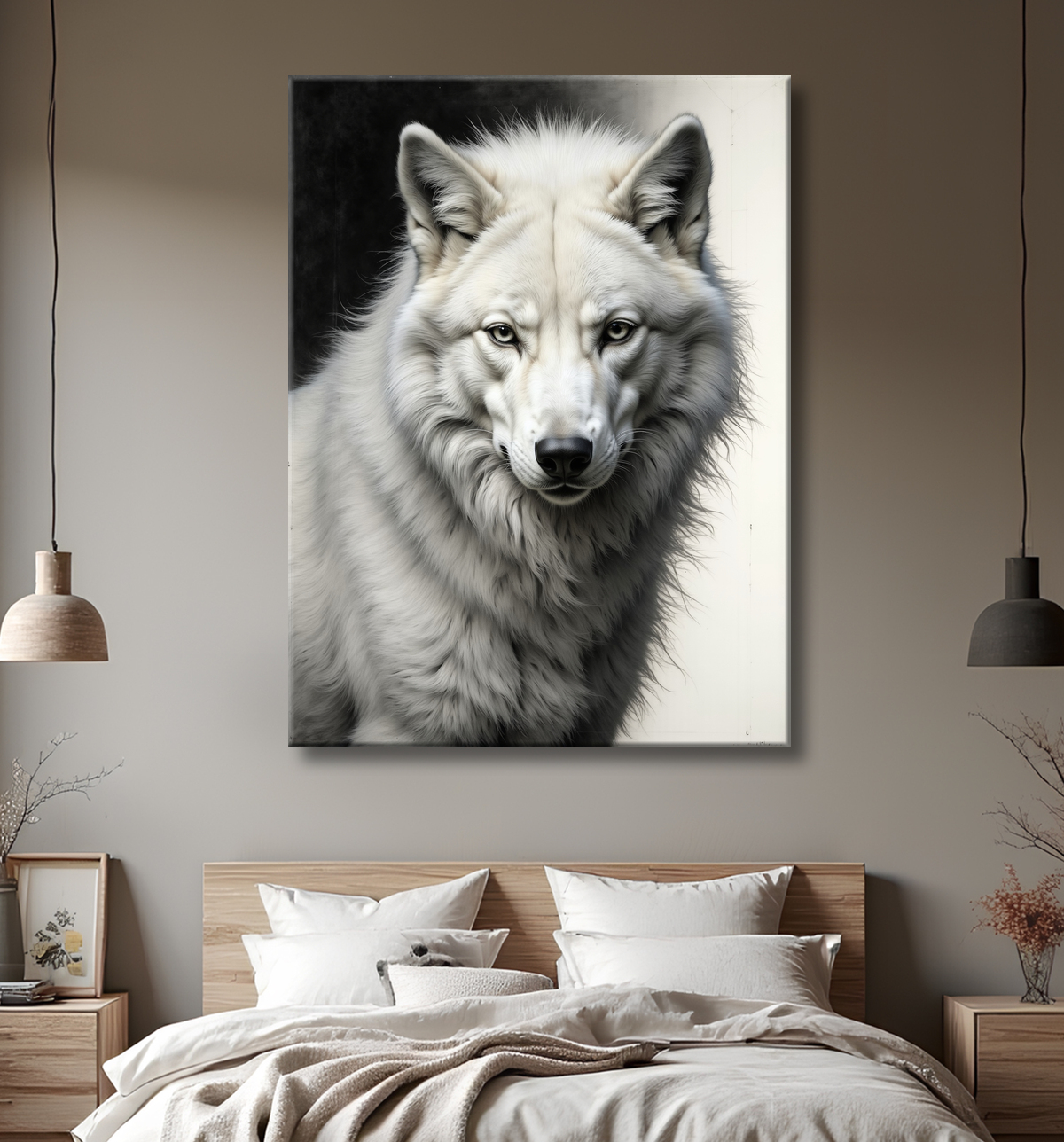 Portrait de loup sur fond blanc ou gris clair. Un tableau décoratif puissant et minimaliste, décliné en plusieurs formats. Une création sur-mesure, imprimée en France.