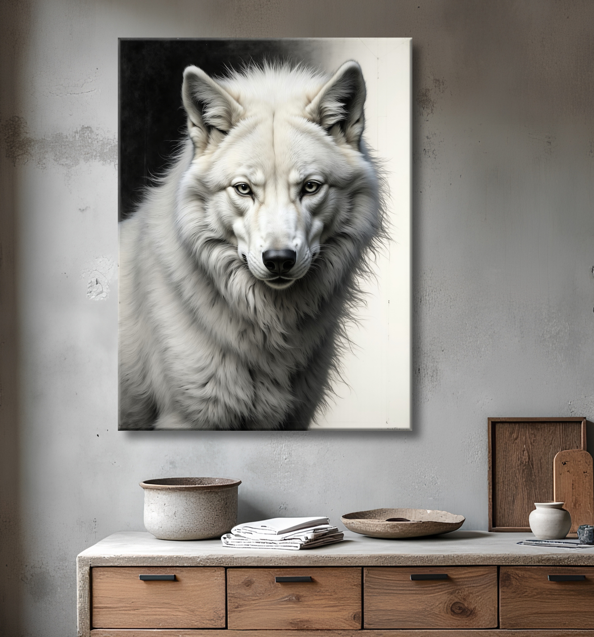Tableau loup sur fond clair - Portrait photo artistique avec decor