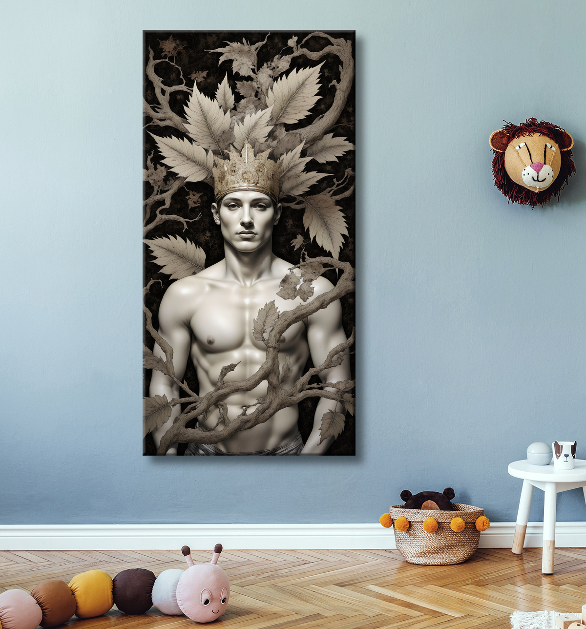 Tableau portrait masculin mystique et végétal avec decor