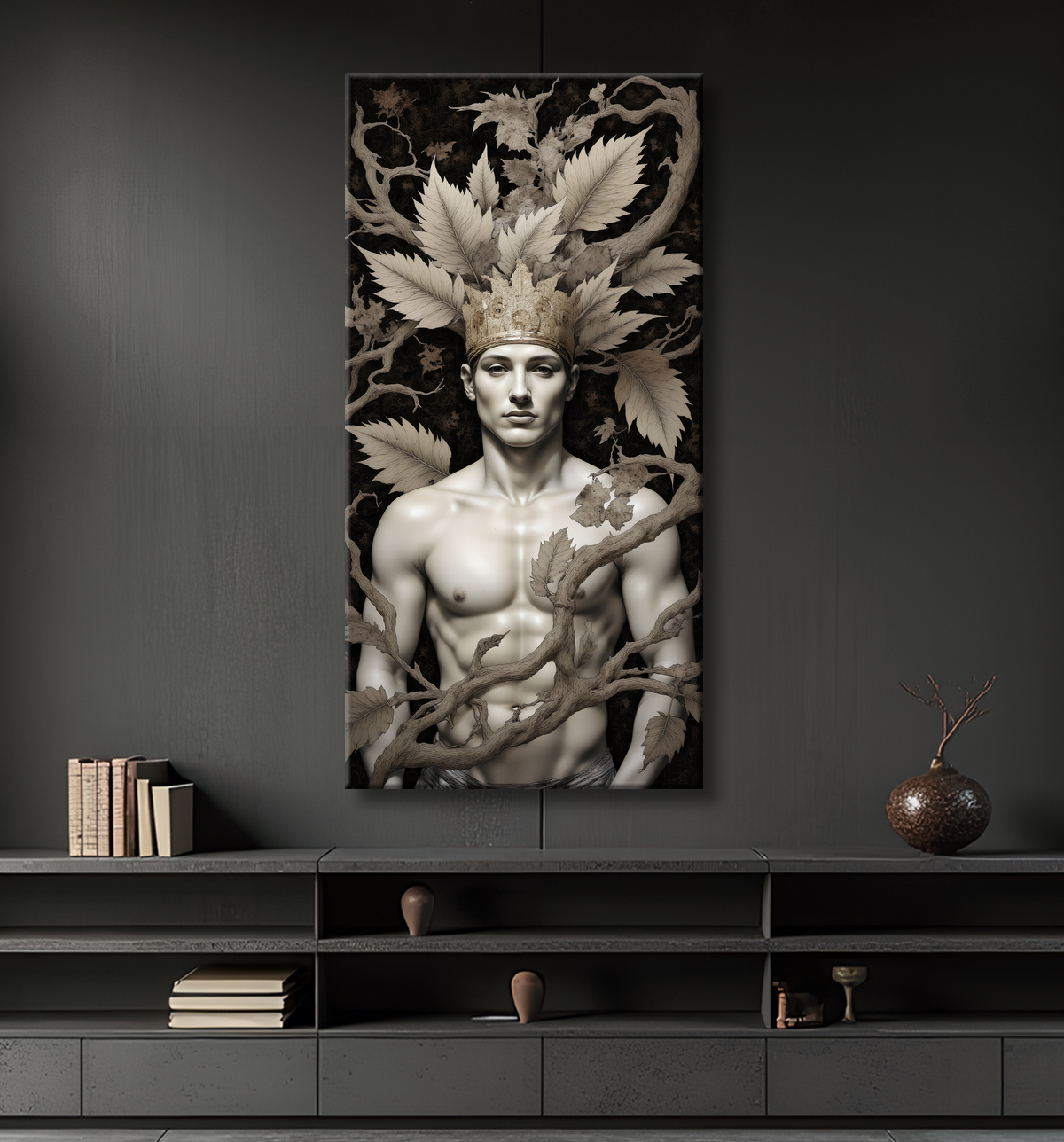Tableau portrait masculin mystique et végétal avec decor