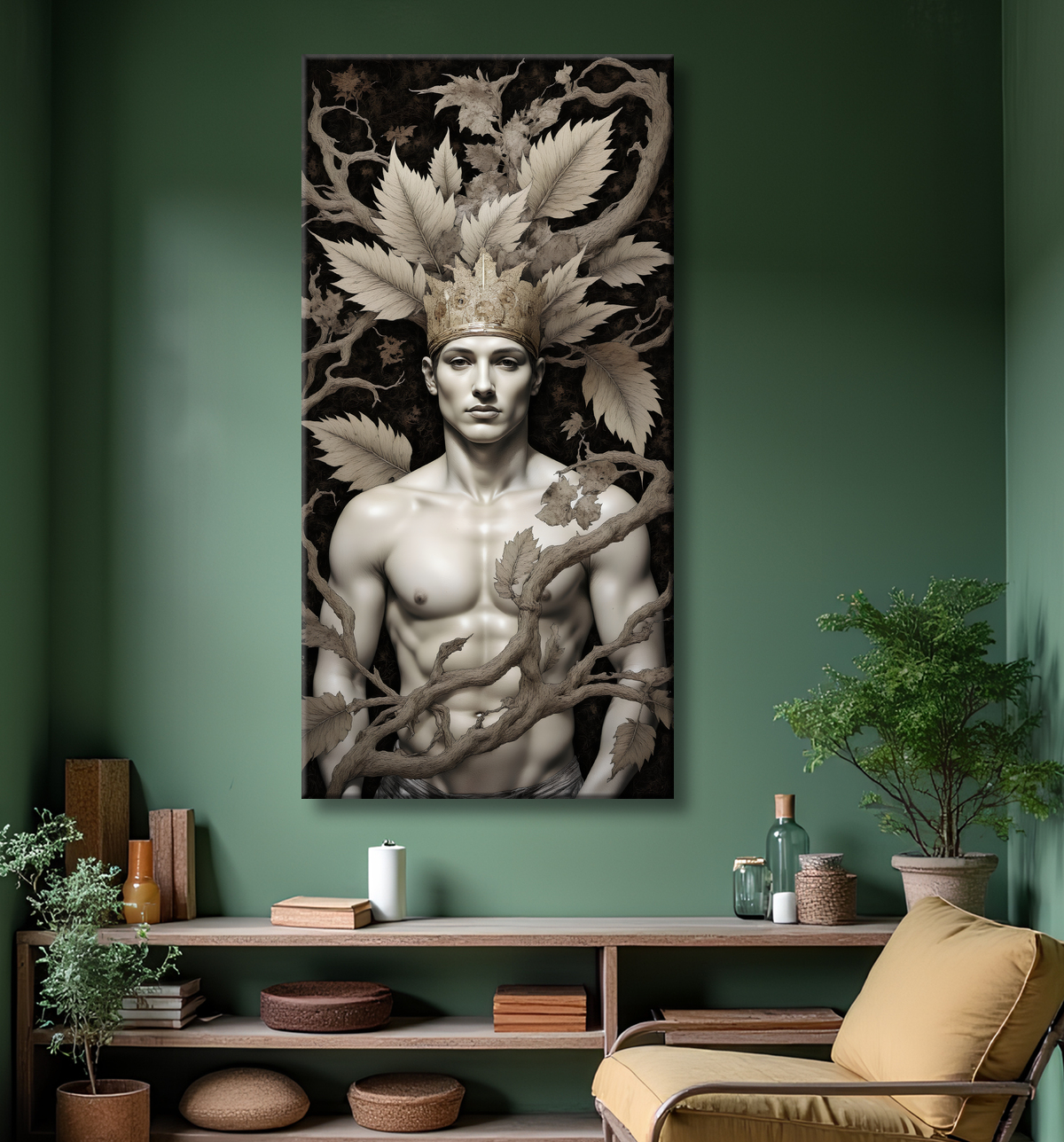 Tableau portrait masculin mystique et végétal avec decor