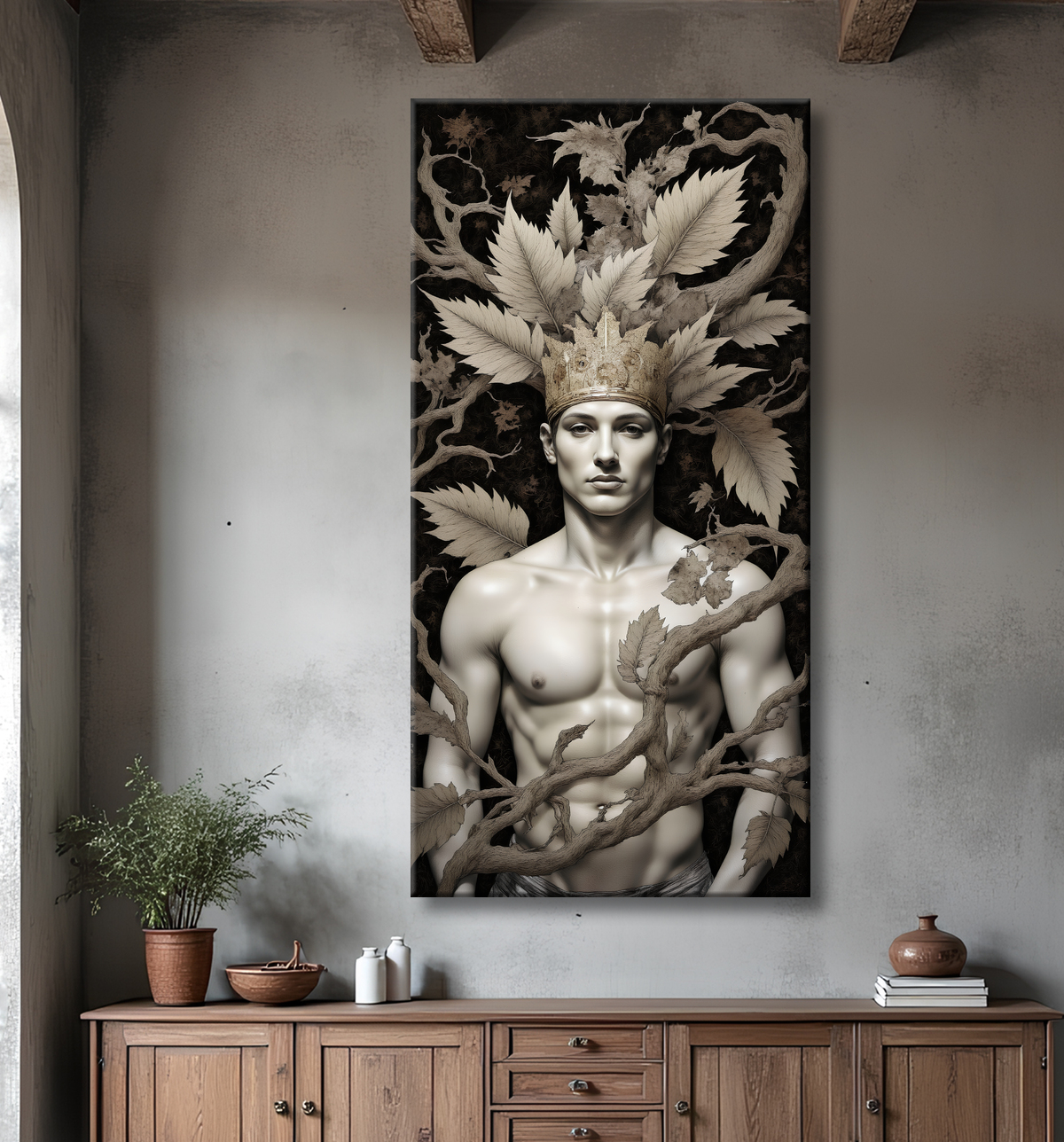 Tableau portrait masculin mystique et végétal avec decor