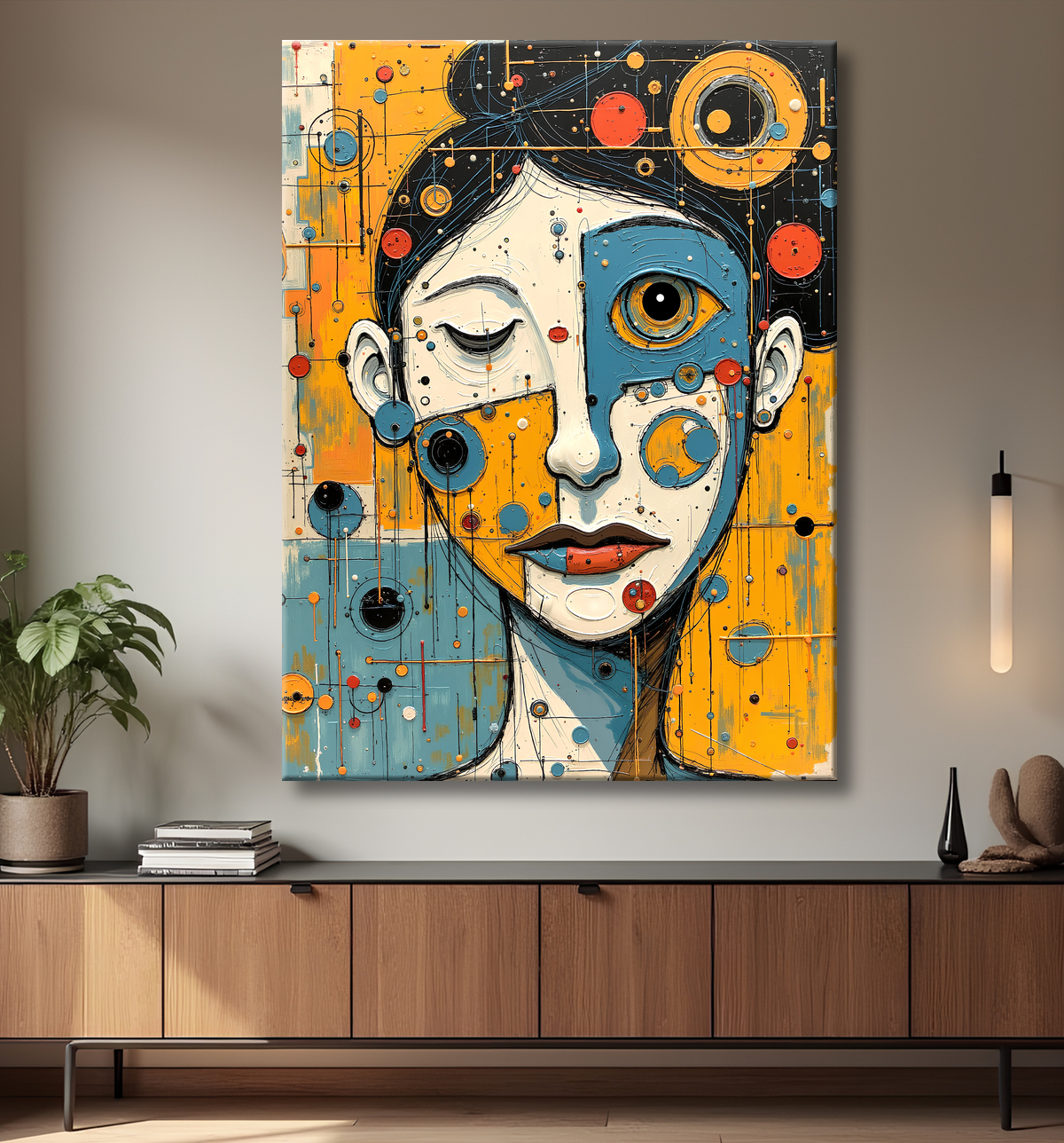 Tableau moderne : portrait inspiration cubiste avec decor
