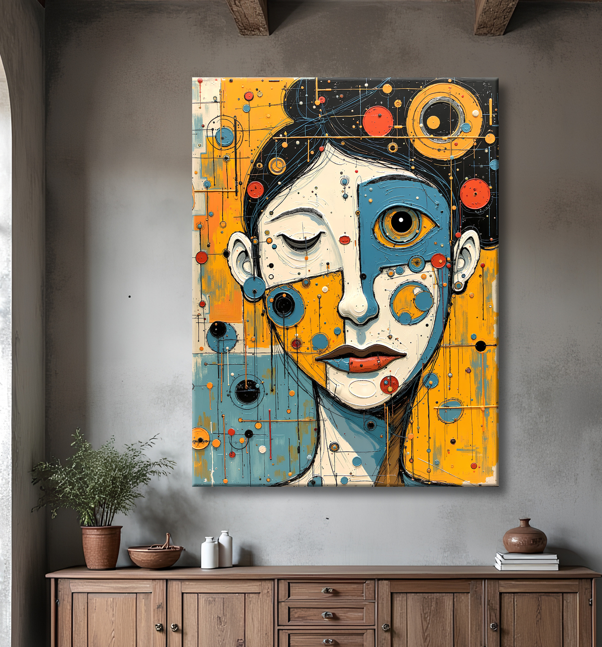 Tableau moderne : portrait inspiration cubiste avec decor
