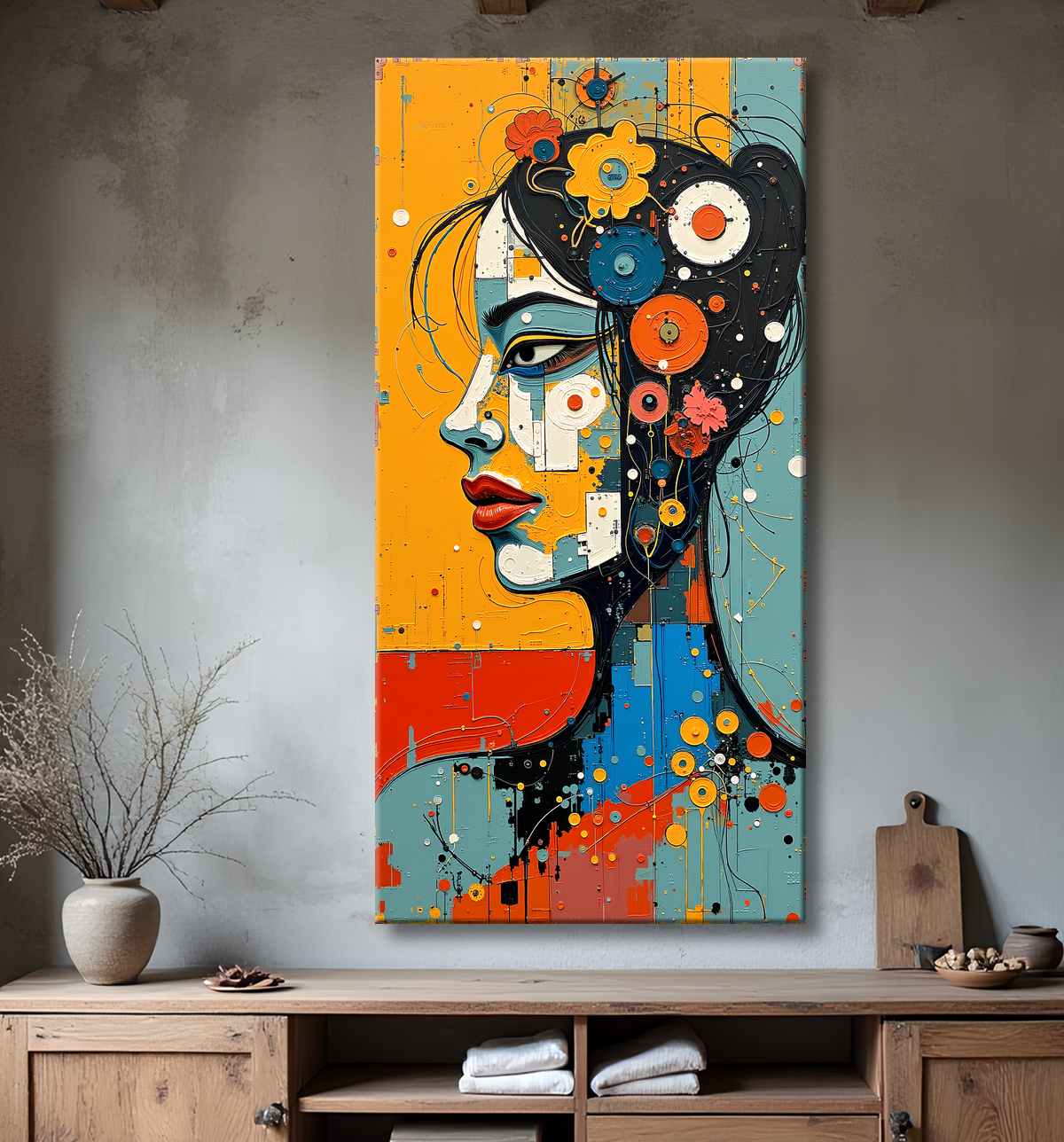 Tableau moderne : portrait inspiration cubiste avec decor