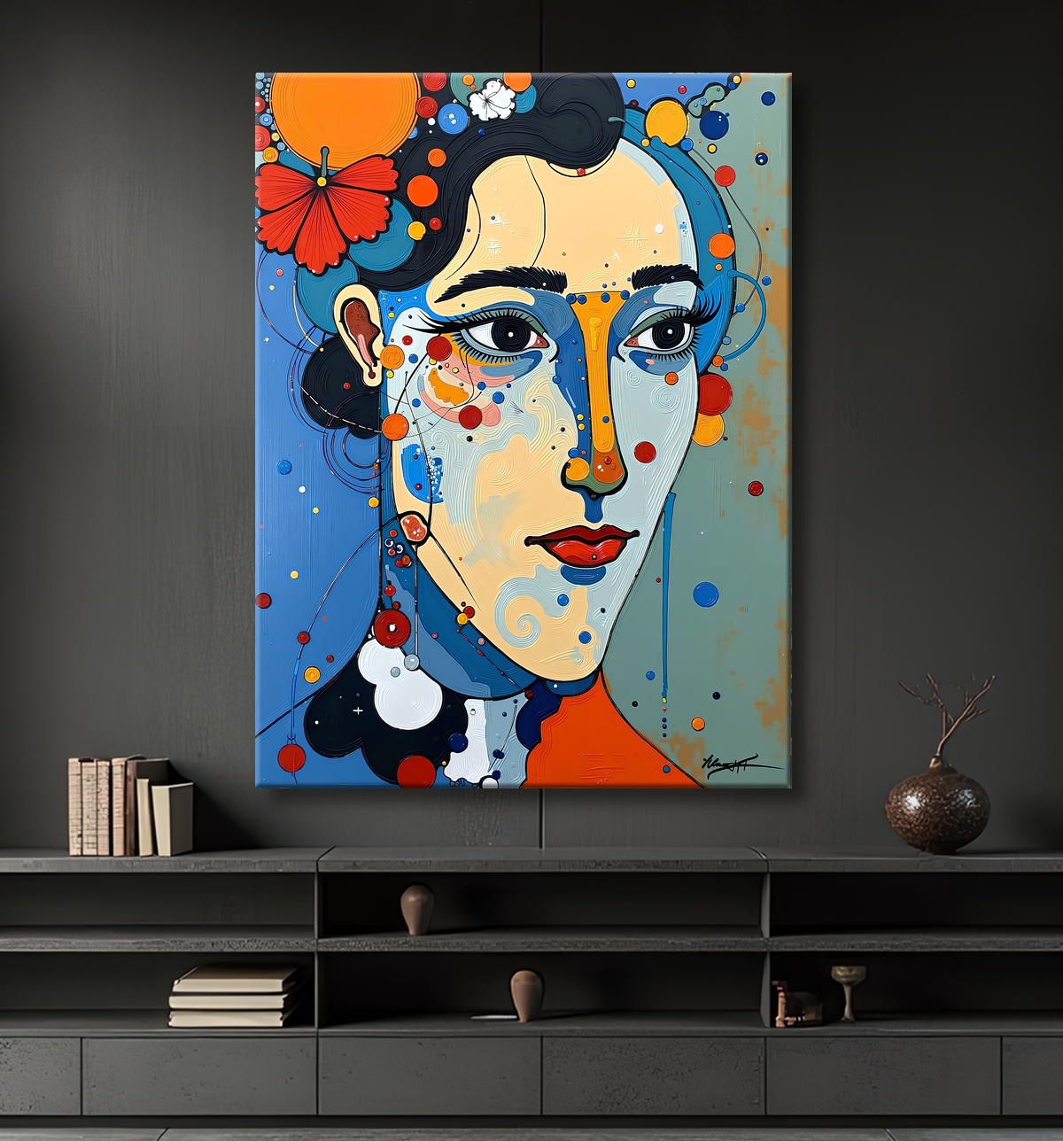 Tableau moderne : portrait inspiration cubiste avec decor