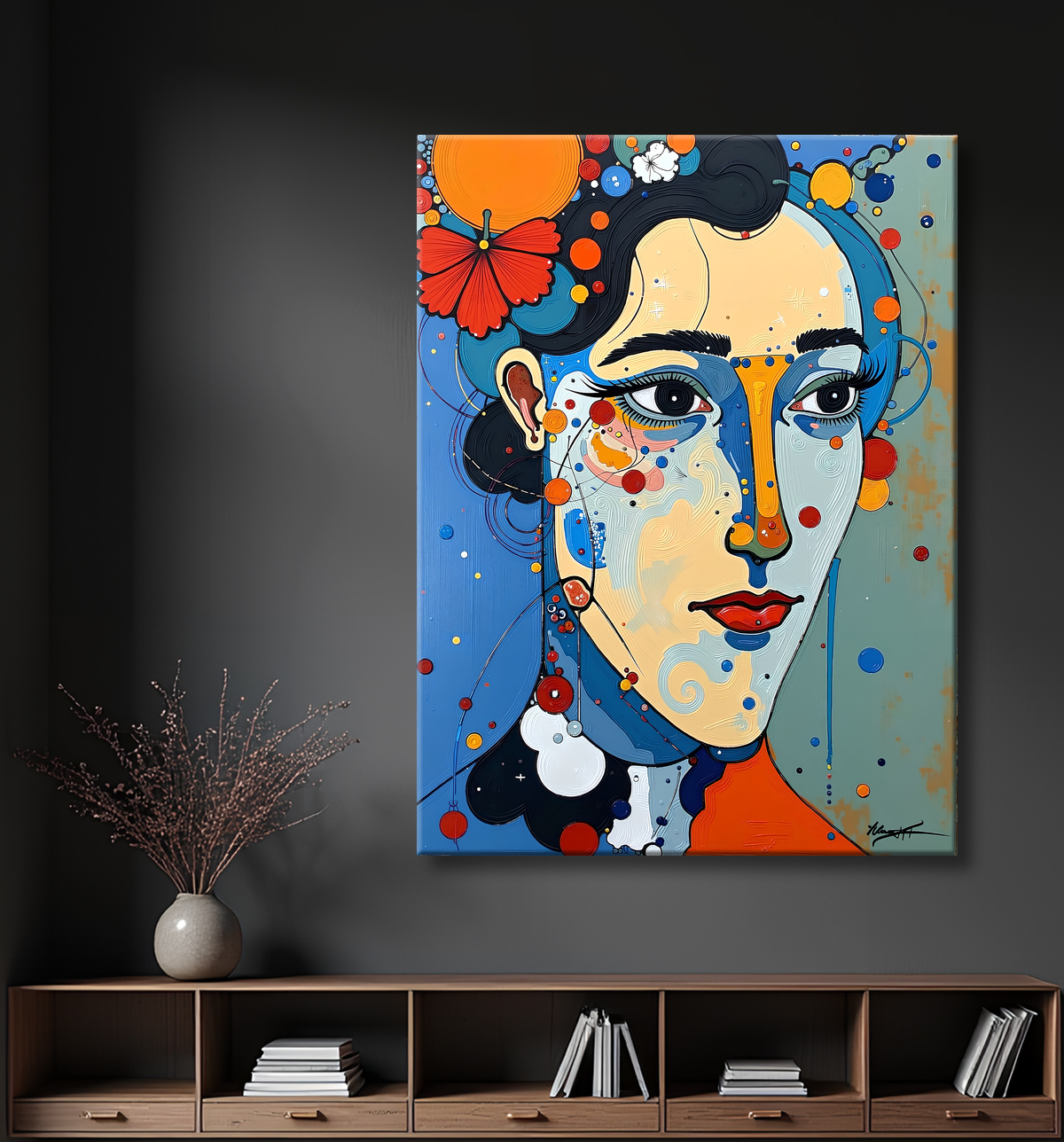 Tableau moderne : portrait inspiration cubiste avec decor