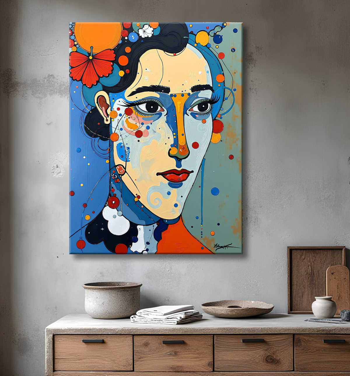 Tableau moderne : portrait inspiration cubiste avec decor