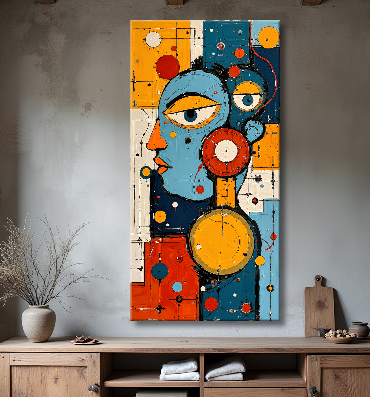 Tableau moderne : portrait inspiration cubiste avec decor