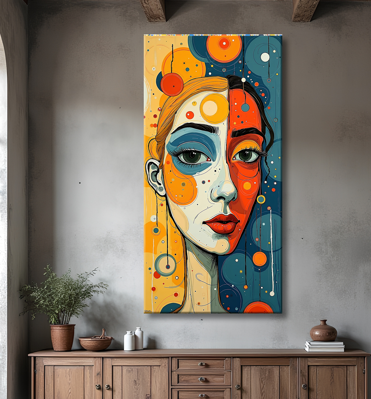 Tableau moderne : portrait inspiration cubiste avec decor