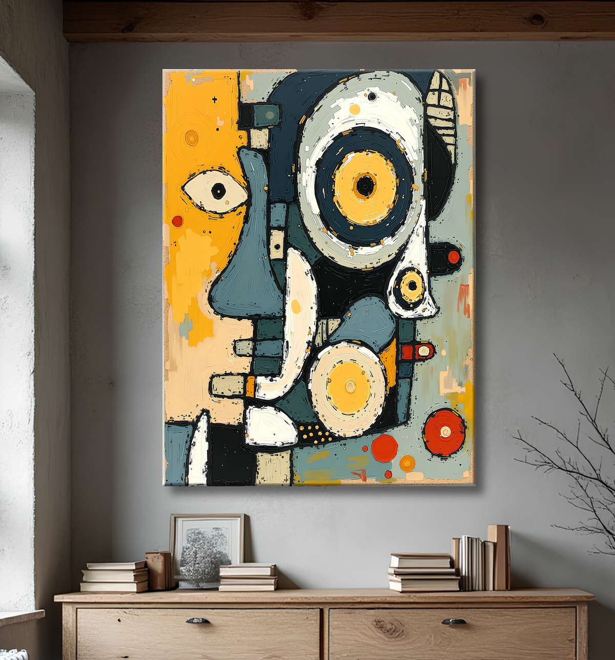 Tableau moderne : portrait inspiration cubiste avec decor