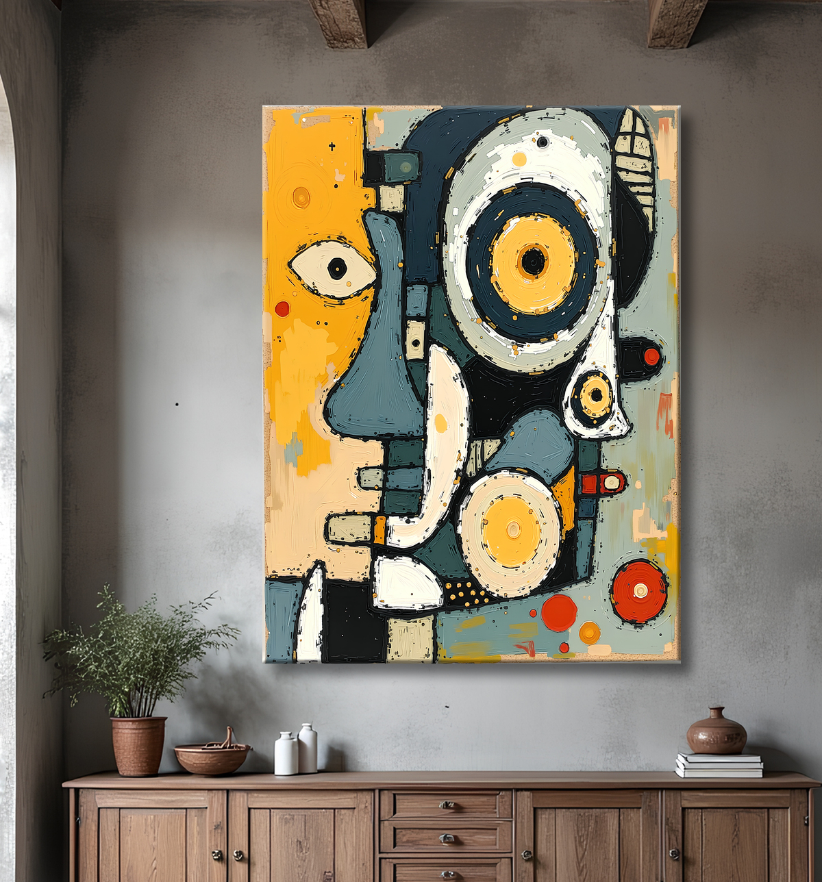 Tableau moderne : portrait inspiration cubiste avec decor