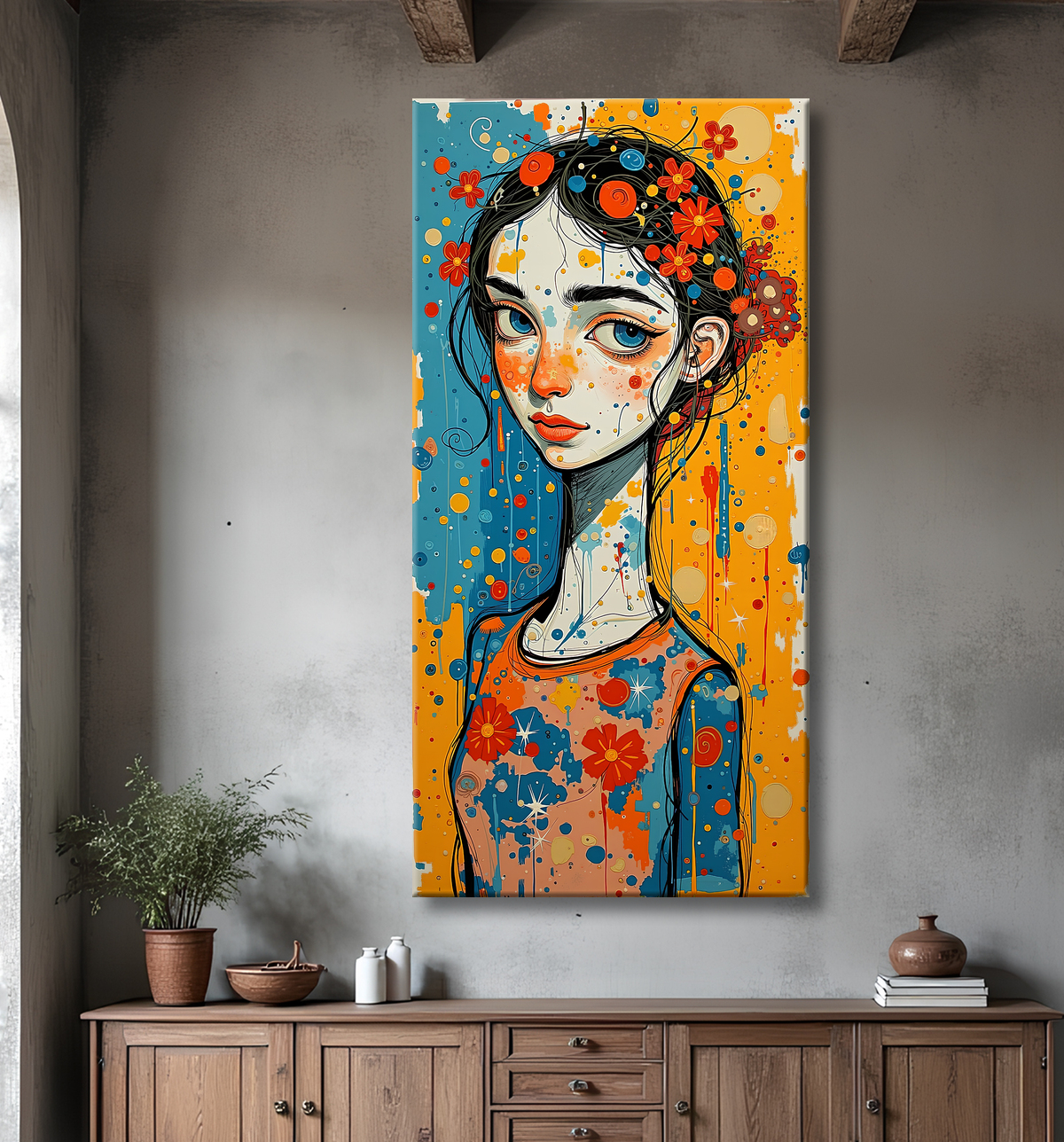 Tableau moderne : portrait inspiration cubiste avec decor