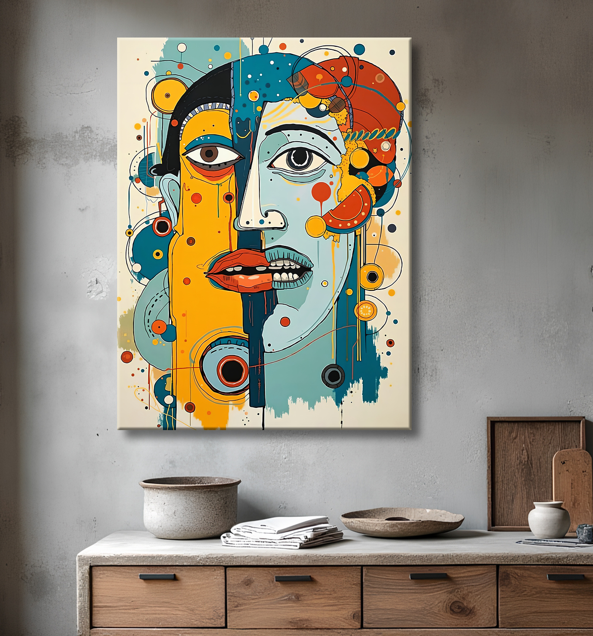 Tableau moderne : portrait inspiration cubiste avec decor