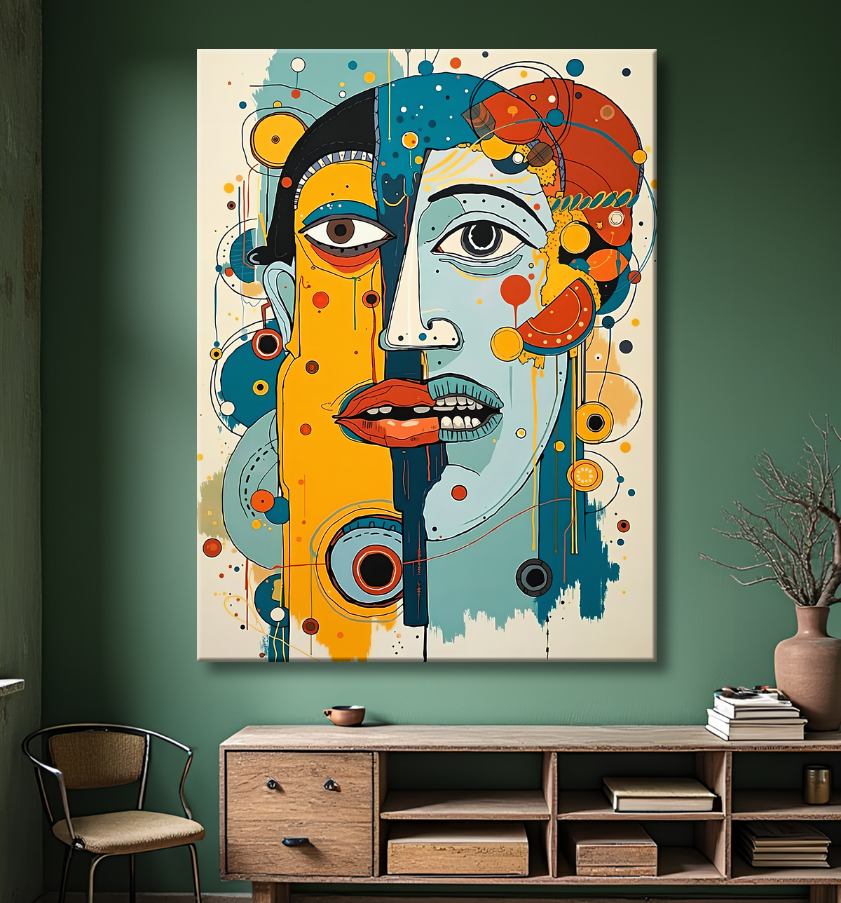 Tableau moderne : portrait inspiration cubiste avec decor